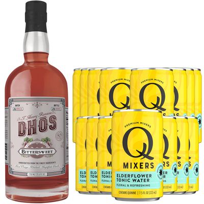 Dhos Handcrafted Non-Alcoholic Bittersweet w 15 Pack Q Mixers Elderflower Tonic Water - Keto-Friendly, Zero Sugar, Zero Calories, Zero Proof - 750 ML - Perfect for Mocktails - Made in USA