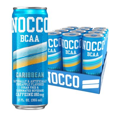 NOCCO BCAA Energy Drink Caribbean Pineapple - 12 Fl Oz (Pack of 12) - 180mg Caffeine, Sugar Free Energy Drinks - Carbonated, Low Calorie, BCAAs, Vitamin B6, B12, &amp; Biotin - Grab &amp; Go Performance Drink