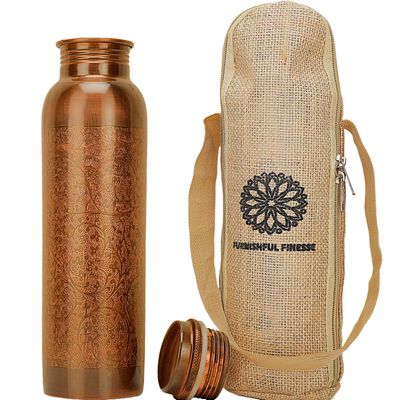 Copper Water Bottle For Drinking Pure Copper Bottle 1000 ml Copper Vessel With Carrying Bag For Sports, Yoga, Ayurvedic Copper Bottle for Gym,Office,Hiking (Pack of 1, Antique Meena Bottle)
