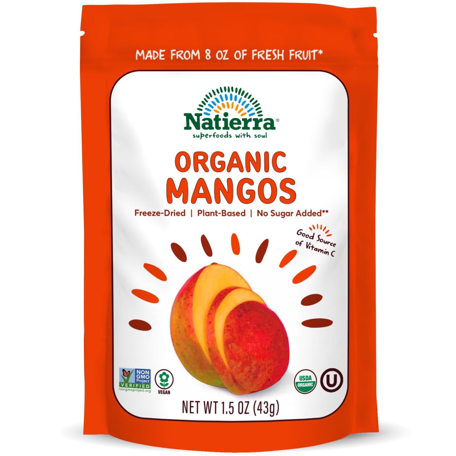 NATIERRA Organic Freeze-Dried Mangos | USDA Organic, Non-GMO &amp; Vegan | Gluten Free, No Additives, No Sugar Added | 1.5 Ounce (Pack of 1)