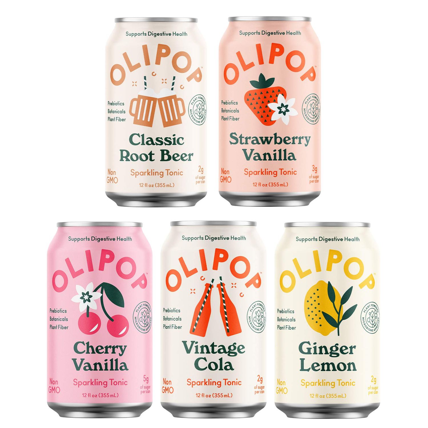 OLIPOP - 5-Flavor Soda Variety Pack, Healthy Soda Sampler, Prebiotic Soft Drinks, Supports Digestive Health &amp; Gut Health, 9g of Dietary Plant Fiber, Low Calorie, Low Sugar, Vegan (12 oz, 5-Pack)
