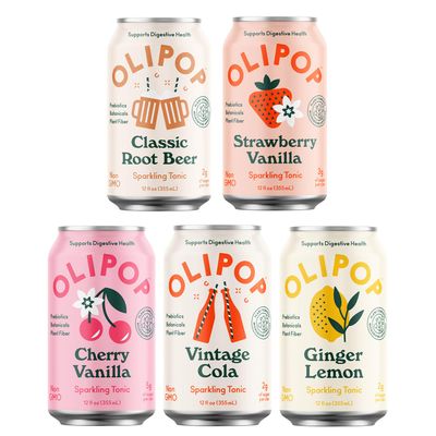 OLIPOP - 5-Flavor Soda Variety Pack, Healthy Soda Sampler, Prebiotic Soft Drinks, Supports Digestive Health &amp; Gut Health, 9g of Dietary Plant Fiber, Low Calorie, Low Sugar, Vegan (12 oz, 5-Pack)