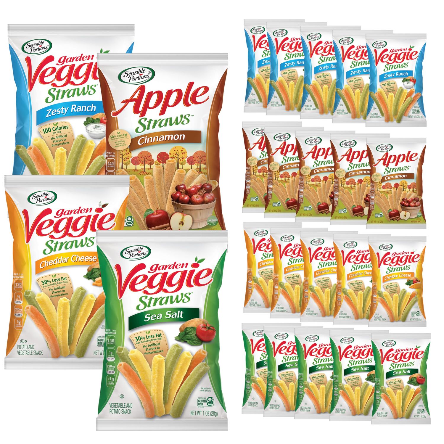 Sensible Portions Garden Veggie Snacks - Veggie Straws, Snack Size Variety Pack, Sea Salt, Ranch, Cheddar, Apple Cinnamon, 1 Oz (Pack of 24)