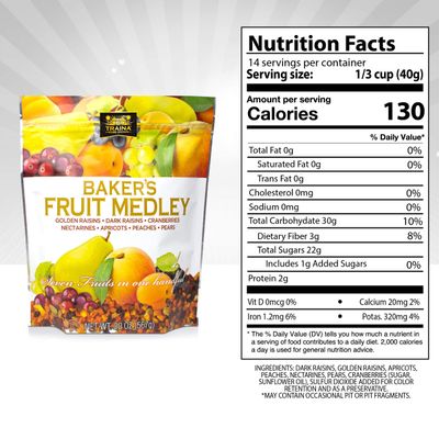 Traina Home Grown Bakers Fruit Medley - Diced Peaches, Cranberries, Apricots, Pears, Nectarines, and Raisins - Non GMO, Gluten Free, Value Size (20 oz)