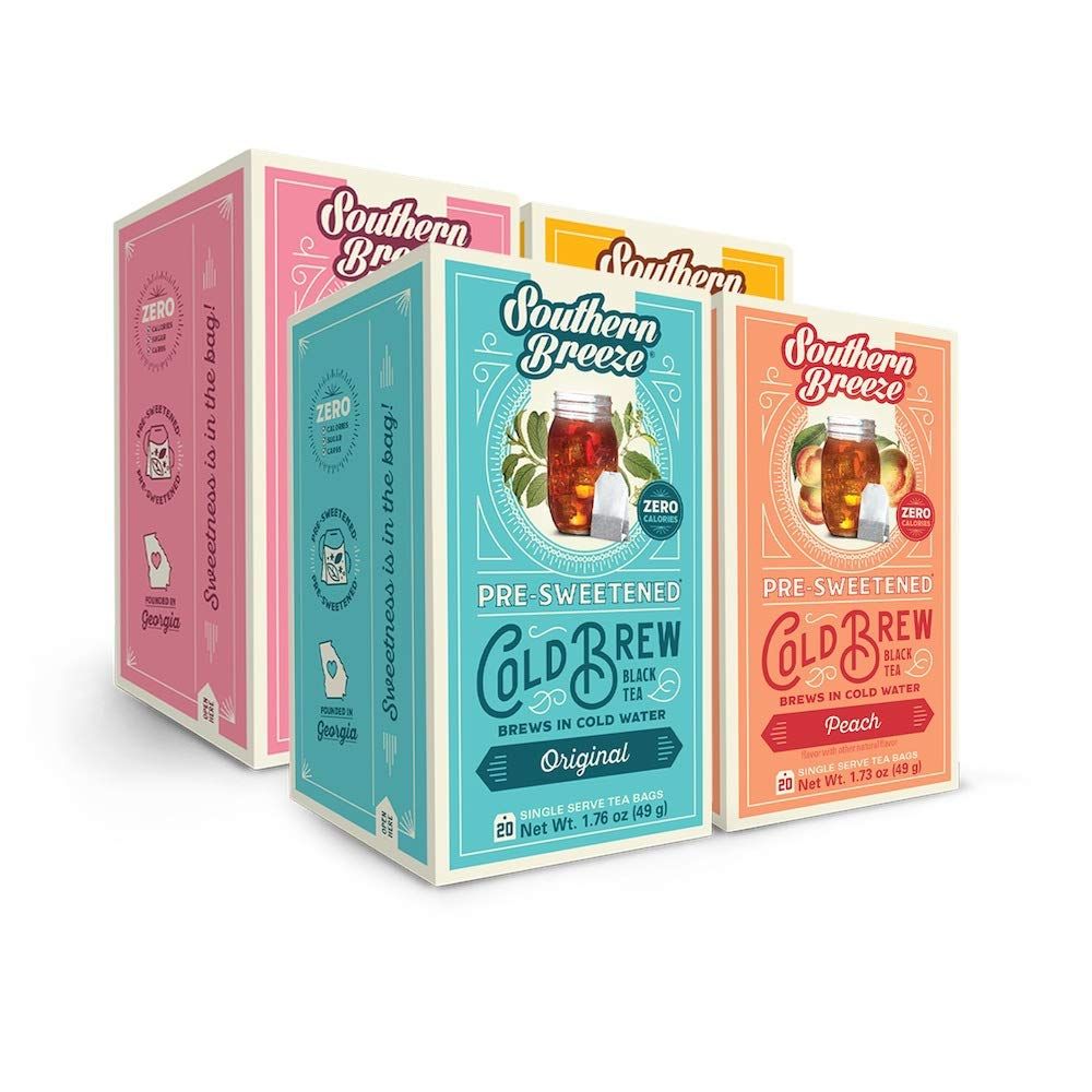 Southern Breeze Cold Brew Sweet Tea Variety Pack Iced Tea with Black Tea and Zero Carbs Zero Sugar, 20 Individually Wrapped Tea Bags, Pack of 4 Original, Raspberry, Peach, and Half &amp; Half