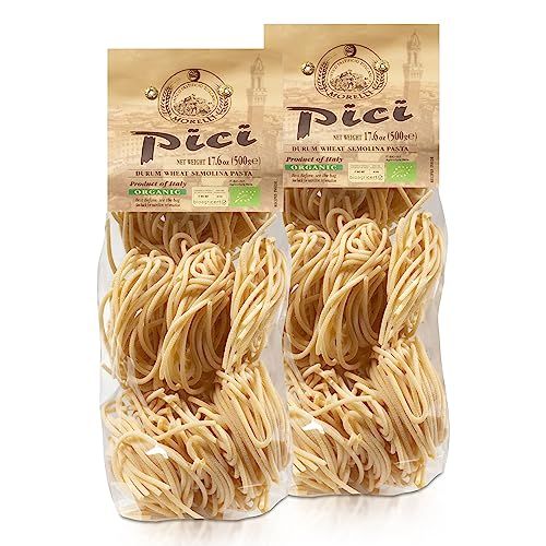 Morelli Pici Pasta di Toscana - Gourmet Italian Pasta - Organic Pici Noodles - Thick Organic Pasta Nests Made in Italy from Durum Wheat Semolina - 17.6oz (500g) - Pack of 2