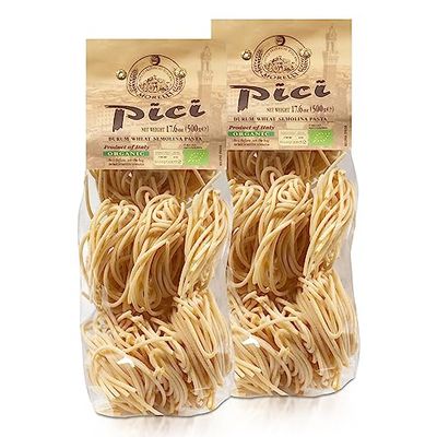 Morelli Pici Pasta di Toscana - Gourmet Italian Pasta - Organic Pici Noodles - Thick Organic Pasta Nests Made in Italy from Durum Wheat Semolina - 17.6oz (500g) - Pack of 2
