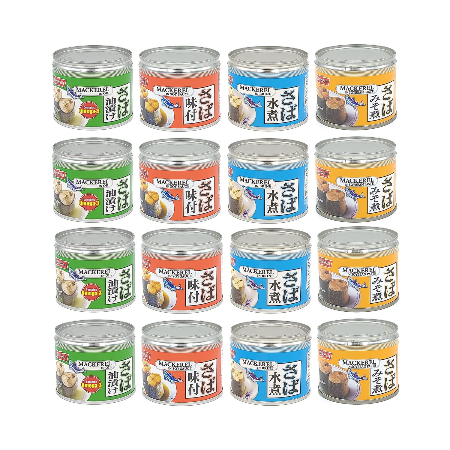 Nissui Canned Mackerel 4 Flavor Variety Pack - Soy Sauce, Soybean Paste, Brine, Oil - 6.52 Oz (185g) Each (16-Pack (4 Each Flavor))