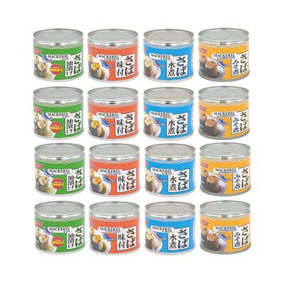Nissui Canned Mackerel 4 Flavor Variety Pack - Soy Sauce, Soybean Paste, Brine, Oil - 6.52 Oz (185g) Each (16-Pack (4 Each Flavor))