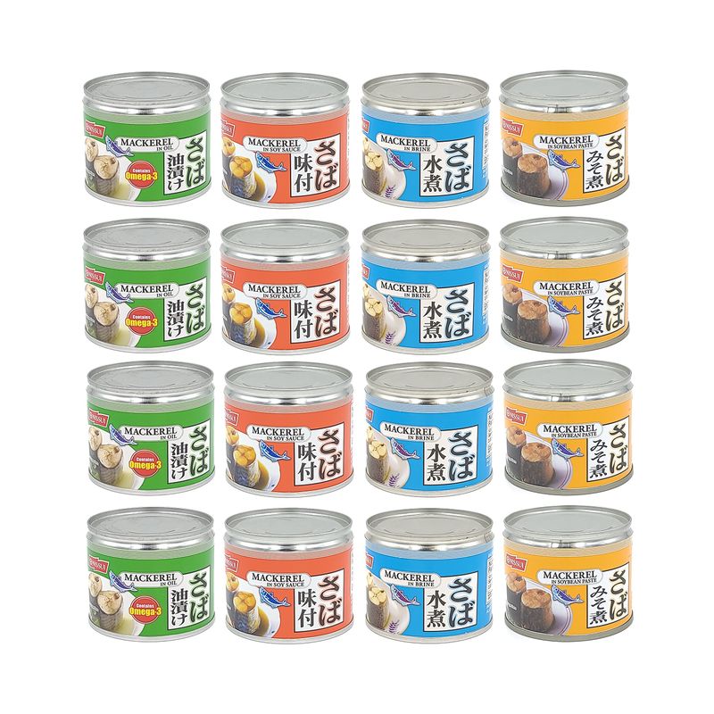 Nissui Canned Mackerel 4 Flavor Variety Pack - Soy Sauce, Soybean Paste, Brine, Oil - 6.52 Oz (185g) Each (16-Pack (4 Each Flavor))