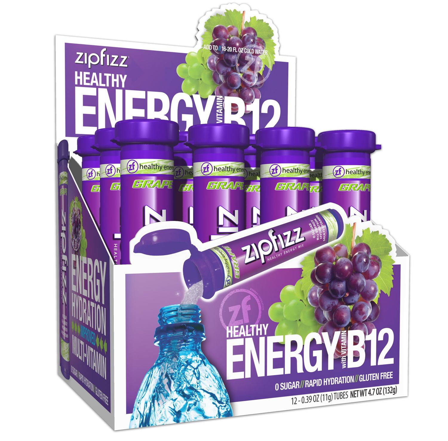 Zipfizz Daily Energy Drink Powder, Grape, 12 Pack | 3-in-1 Sustained Energy, Rapid Hydration, and Essential Vitamins | Sugar-Free | Electrolyte Powder | Contains Vitamin B-12 &amp; Antioxidants