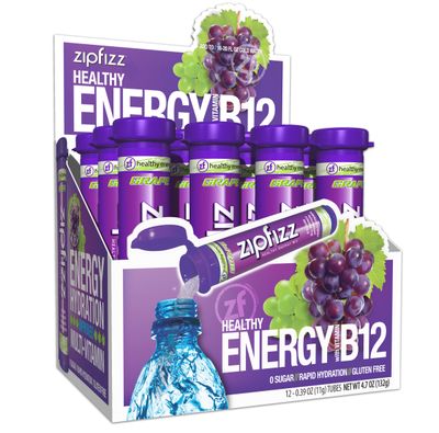 Zipfizz Daily Energy Drink Powder, Grape, 12 Pack | 3-in-1 Sustained Energy, Rapid Hydration, and Essential Vitamins | Sugar-Free | Electrolyte Powder | Contains Vitamin B-12 &amp; Antioxidants