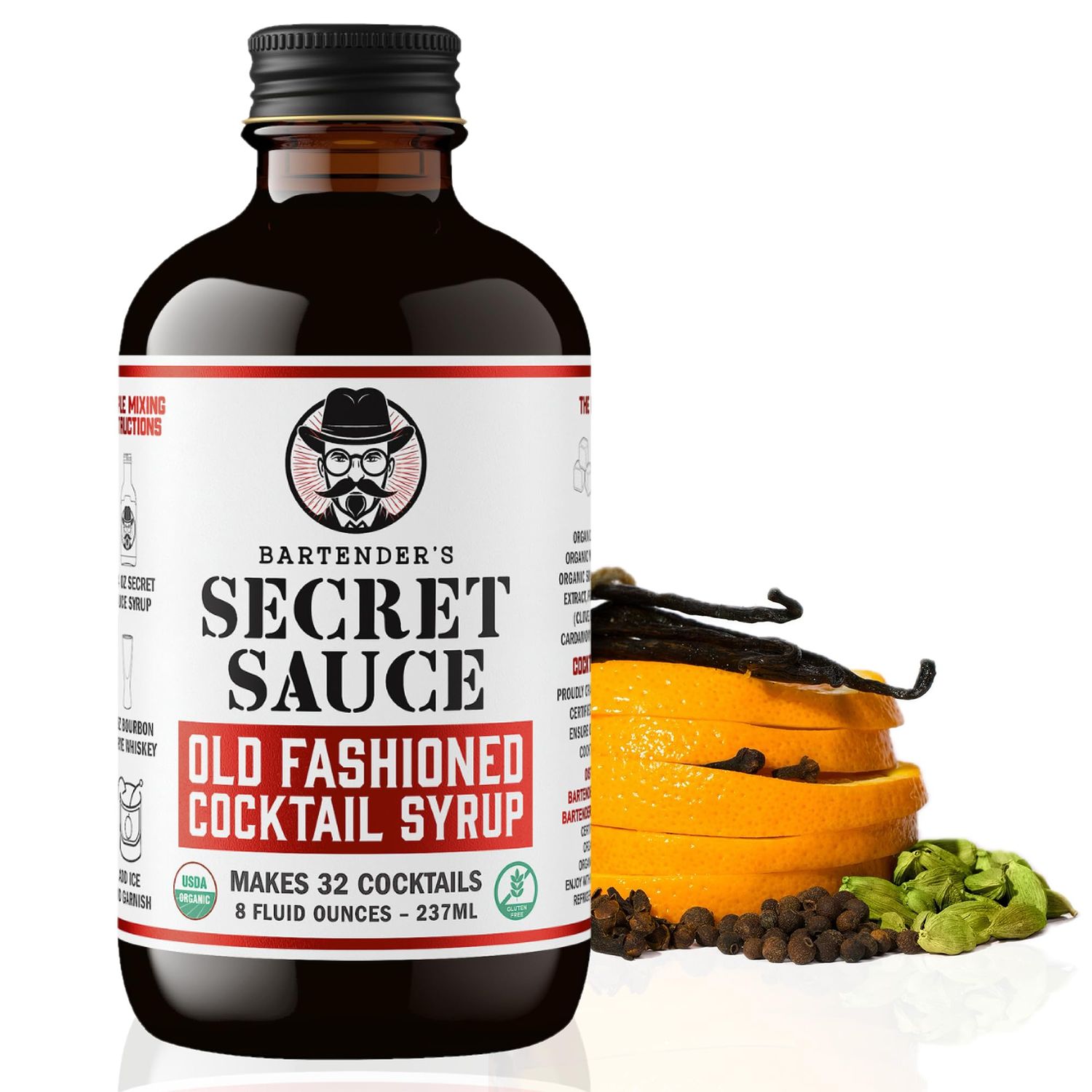 Bartenders Secret Sauce USDA Organic Old Fashioned Mix - Makes 32 Cocktails (8oz Bottle) - Handcrafted with Bitters, Orange Peel, Tart Cherry - Gluten-Free - Just Add Bourbon or Rye