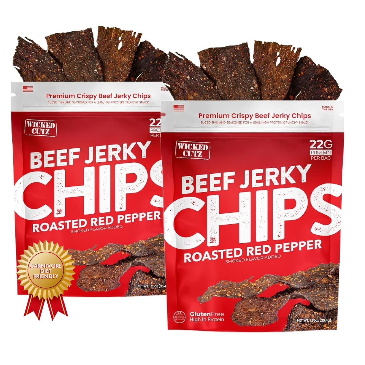 Roasted Red Pepper Beef Jerky Chips - Thin, Crispy, Crunchy Beef Jerky Crisps with 22G Protein Per Bag, Carnivore Diet Snacks, Gluten Free Snacks, Healthy Snacks for Adults, 1.25oz Each (2 Bags)