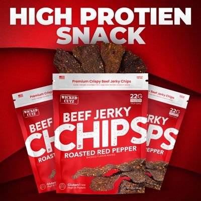 Roasted Red Pepper Beef Jerky Chips - Thin, Crispy, Crunchy Beef Jerky Crisps with 22G Protein Per Bag, Carnivore Diet Snacks, Gluten Free Snacks, Healthy Snacks for Adults, 1.25oz Each (2 Bags)
