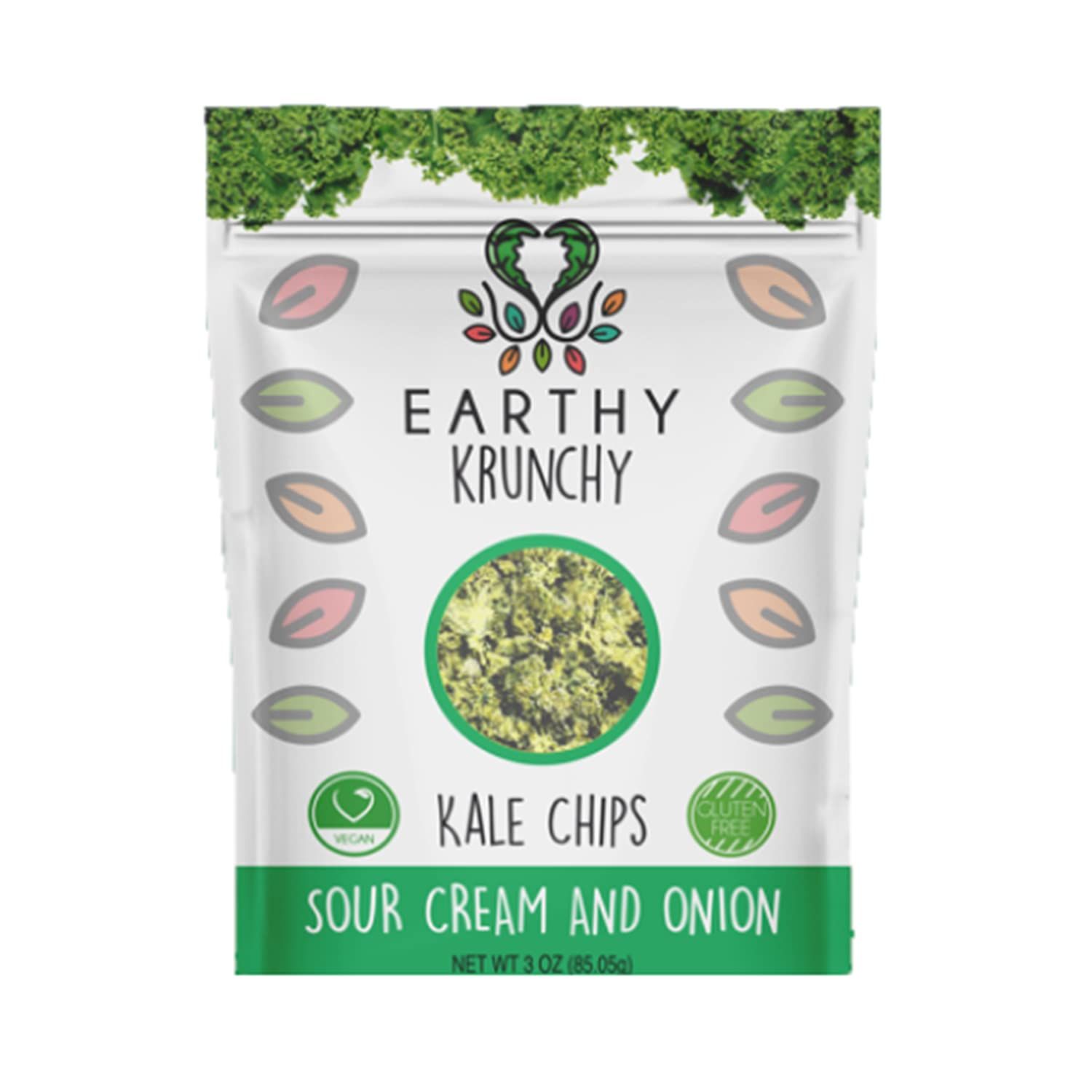 Earthy Krunchy Snacks Kale Chips - Sour Cream and Onion Flavor - Organic High Protein Snack - Crunchy Kale with No Sugar or Preservatives - Dehydrated Kale Chips - Gluten-Free Snacks - Vegan Chips