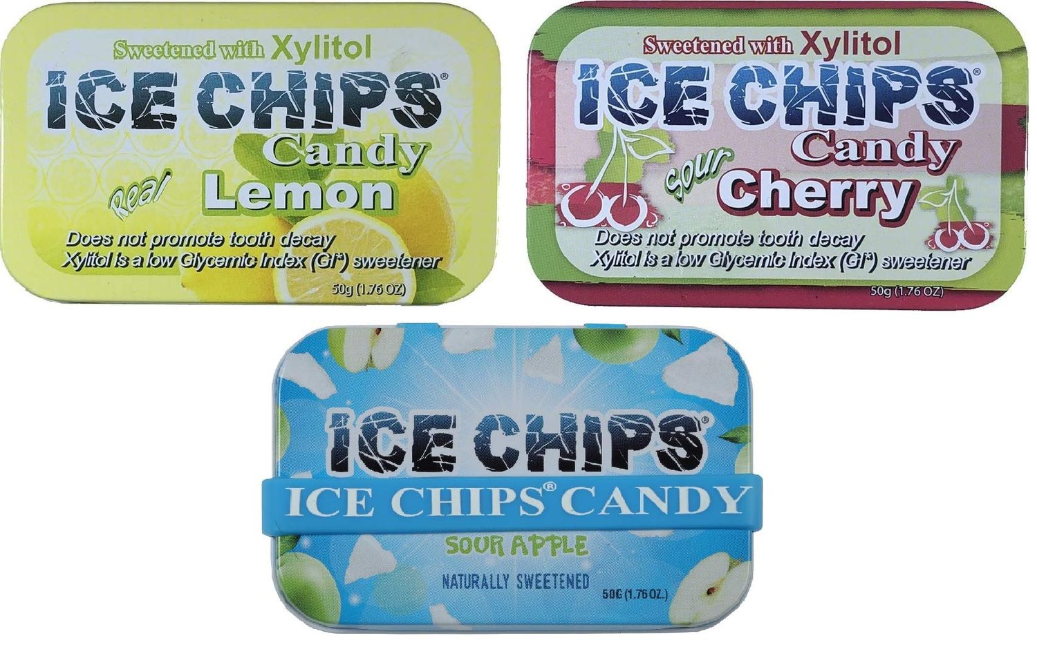 ICE CHIPS Xylitol Candy 3 Pack Assortment (Sour Apple, Sour Cherry, Lemon) 5.28 OZ