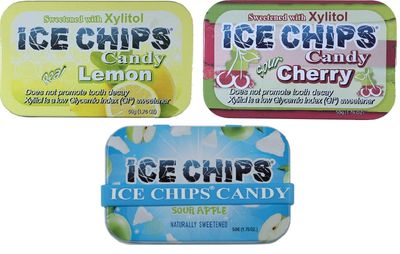ICE CHIPS Xylitol Candy 3 Pack Assortment (Sour Apple, Sour Cherry, Lemon) 5.28 OZ