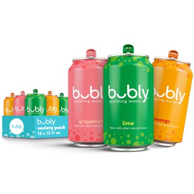 bubly Sparkling Water, Tropical Thrill 3 Flavor Variety Pack (Lime, Grapefruit, Mango), Zero Sugar &amp; Zero Calories, Seltzer Water, 12 Fl Oz Cans (Pack of 18)