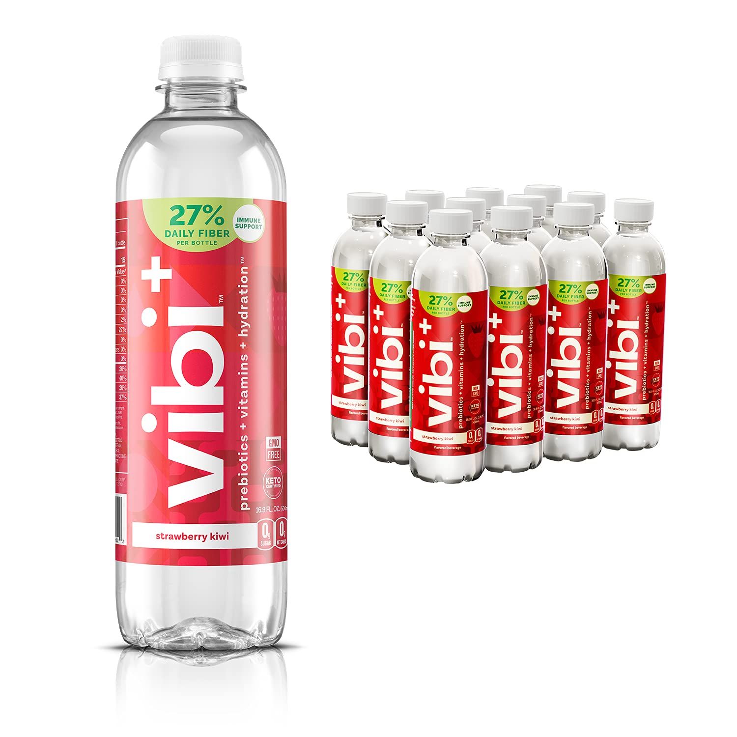 Vibi+ Strawberry Kiwi Prebiotic Water - Digestive Health Support - Sugar Free High Fiber Flavored Drink - Keto, Vegan, Healthy, Low Carb - 16.9 fl oz - Pack of 12