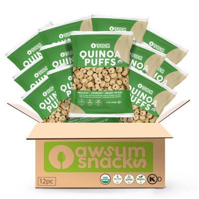 Awsum Snacks Organic Quinoa Puffs Healthy Snack - Nutritional Food - Plant-Based Protein - Kosher Vegan Non-GMO Gluten Free Puffed Croutons For Adults And Kids - No Added Sugar (12 bags 1oz).