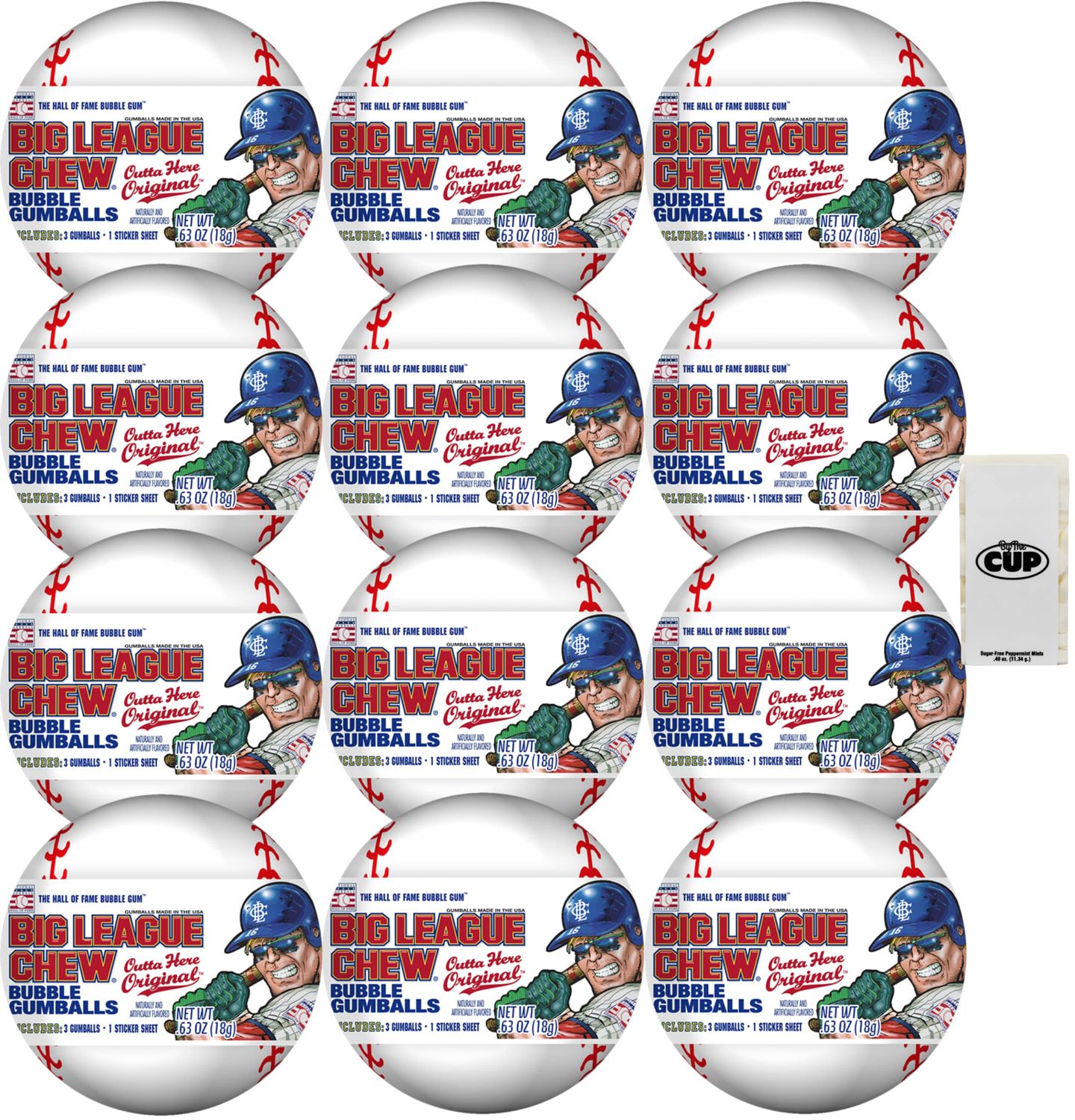 Big League Chew Baseballs (Pack of 12) | Individually Wrapped Gumballs &amp; Stickers, 0.63 oz with By The Cup Mints