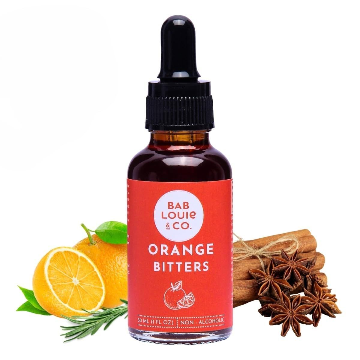 Bab Louie &amp; Co. Orange Cocktail Bitters, Non Alcoholic Bitters (30ml/1Fl. Oz) 11 Servings, Zero-Sugar, Barrel Aged Bitters for Cocktails, Craft Bitters, Old Fashioned, Cocktail Mixer