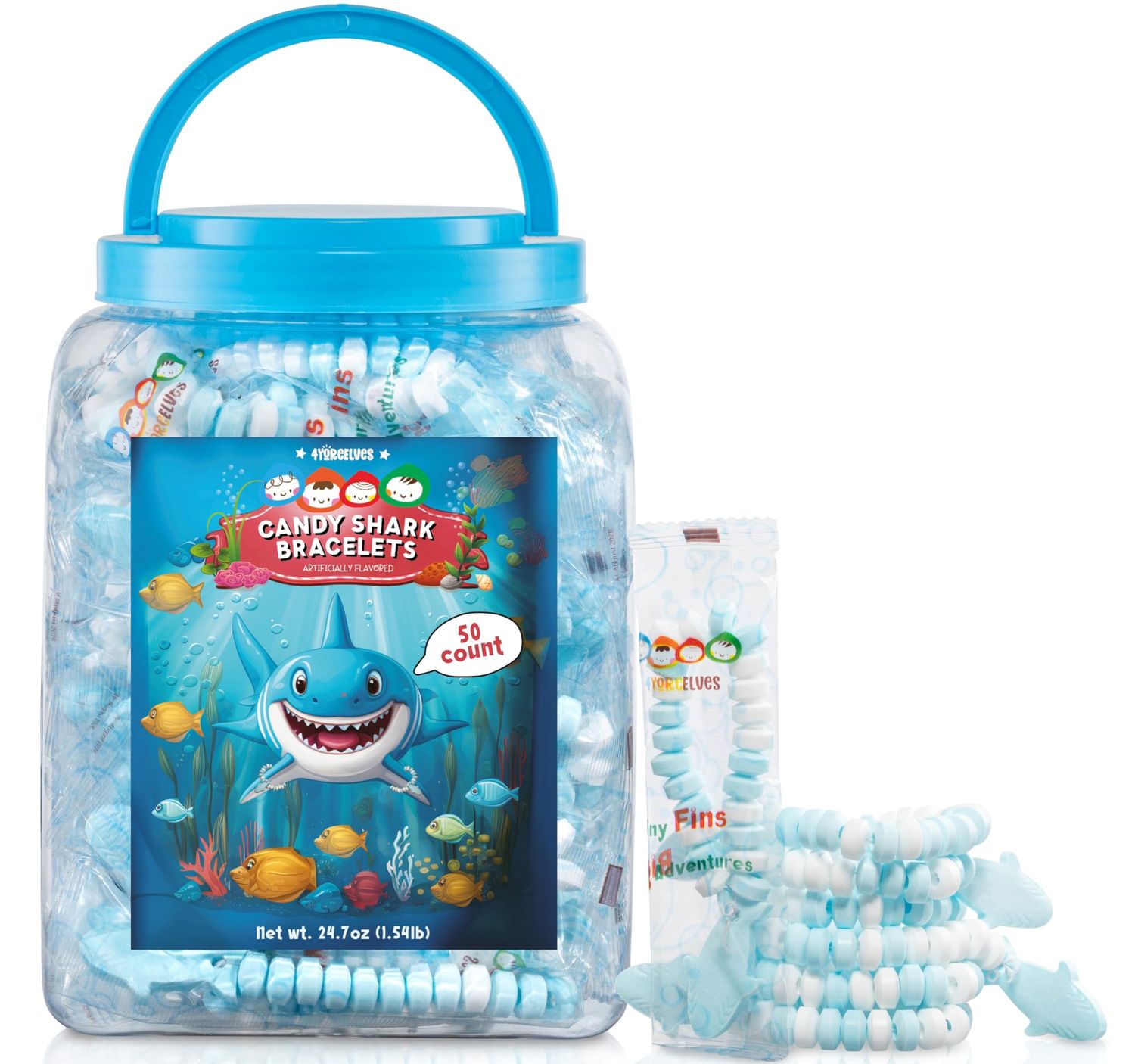 4YoreElves 50 Shark Candy Bracelet  Shark Party Favors  Shark Candy Bracelets Individually Wrapped 05oz x 50 count