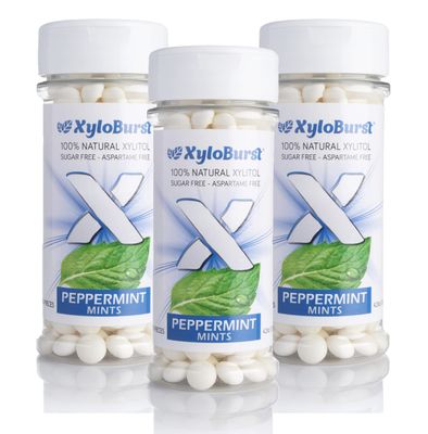 XyloBurst - Xylitol Mints | Sugar Free Breath Mints for Oral Health | Gluten Free, Vegan, Keto Friendly | Aspartame Free Mints | Peppermint | 200 Count Jar, 3-Pack