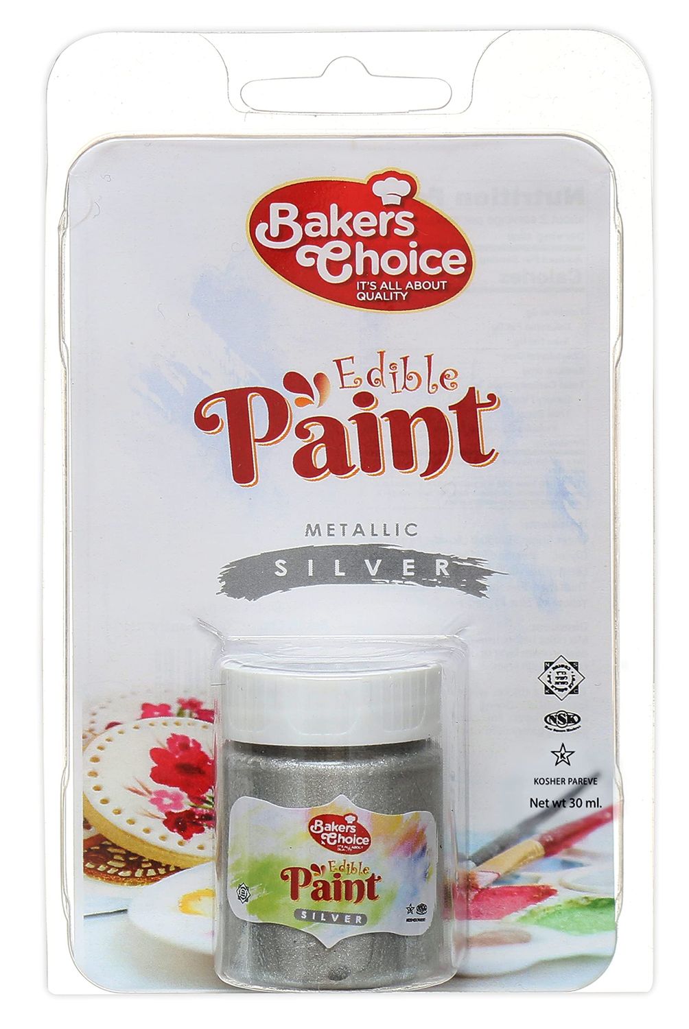 Metallic Edible Silver Paint, 30 ml - Silver Food Coloring - Decorate Cakes, Cookies, Cake Pops, Candies - Use Brushes, Air Brush, Sponge - Quick Dry, No Smudge - Non Dairy, Kosher - Bakers Choice