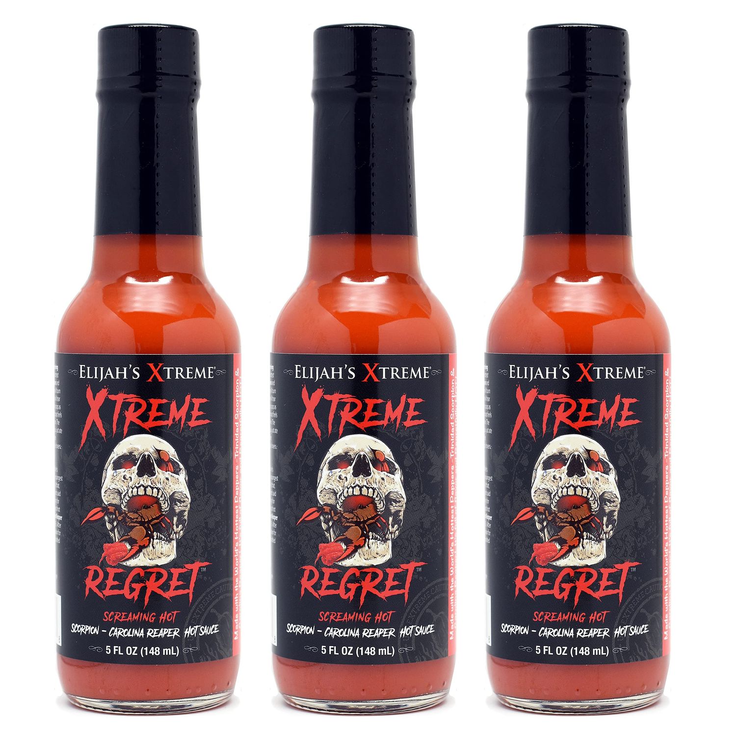 Elijah&#39;s Xtreme Regret Hot Sauce 3 Pack - Carolina Reaper and Trinidad Scorpion - The 2 Hottest Peppers in the World for an Extreme Fiery Heat