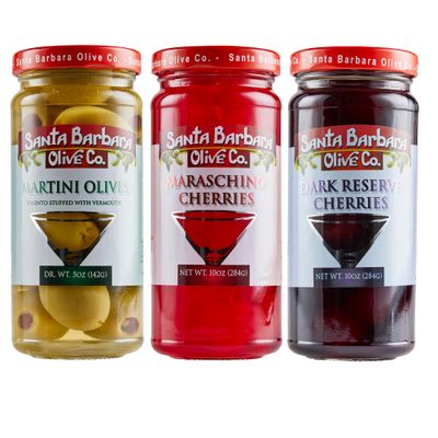 Santa Barbara Cocktail Mixer Pack - Includes Maraschino Cherries, Dark Cherries and Martini Olives to take your cocktail game to the next level. Great Bartending gift set.