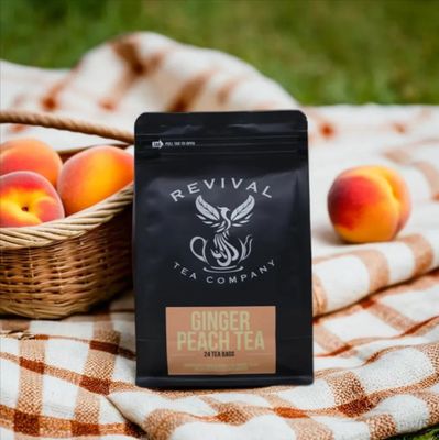 Revival Tea Company Ginger Peach Tea - Black Tea Blend with Ginger Spice and Peach Pieces - 24 Tea Bags