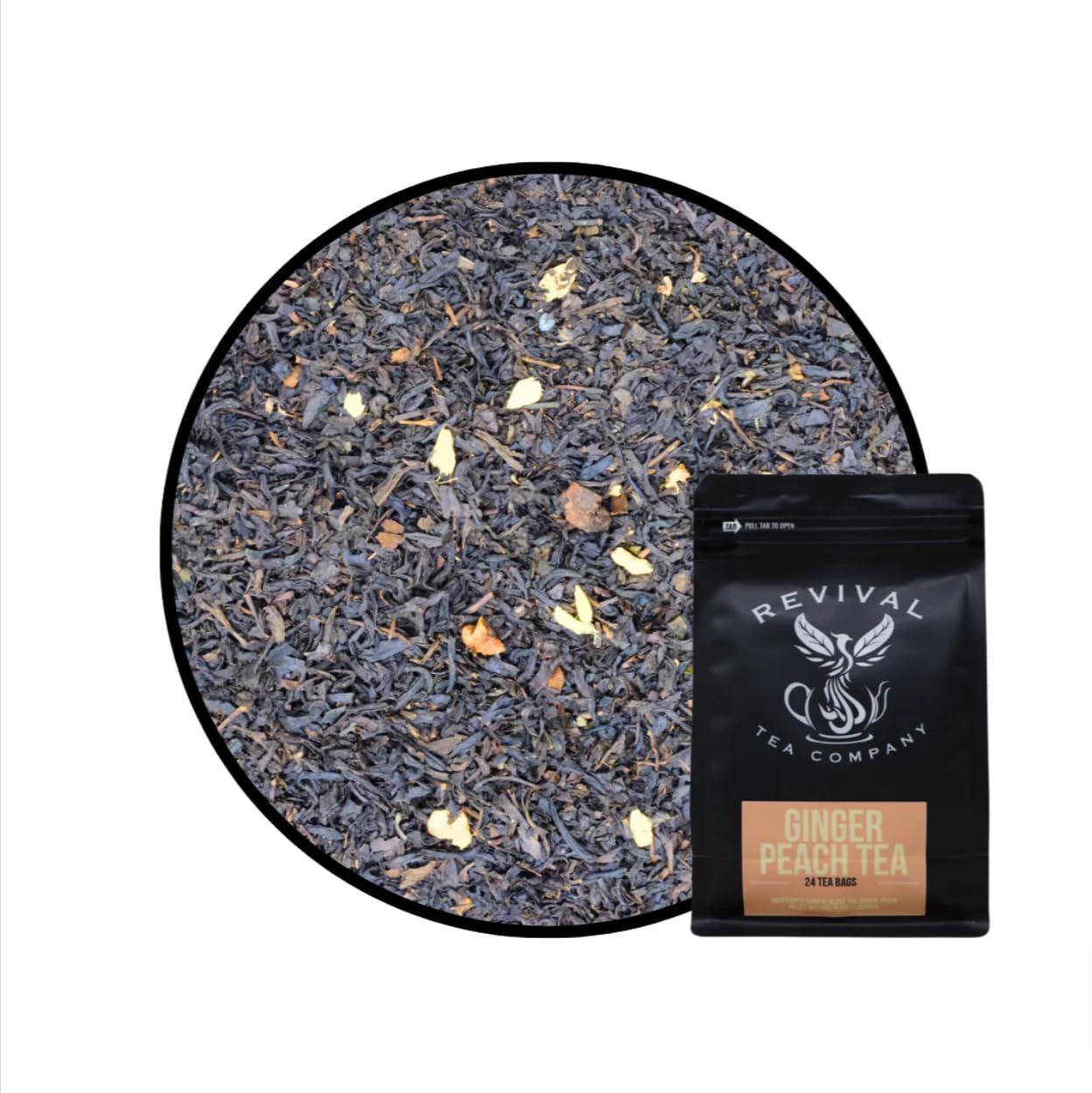 Revival Tea Company Ginger Peach Tea - Black Tea Blend with Ginger Spice and Peach Pieces - 24 Tea Bags