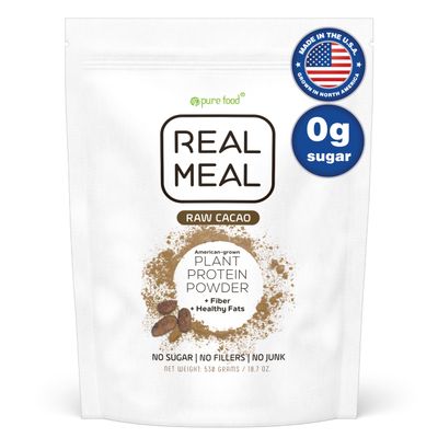Pure Food Real Meal Vegan Protein Replacement Powder - Organic Plant-Based Gluten-Free Low-Carb High-Fiber No-Sugar Formula - 530 Gram Raw Cacao (Chocolate) Flavor