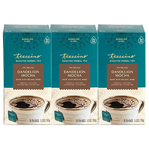Teeccino Dandelion Mocha Tea - Caffeine-Free, Roasted Herbal Tea with Prebiotics, 3x More Herbs than Regular Tea Bags - Gluten-Free, Acid-Free Coffee Alternative - 25 Tea Bags (Pack of 3)