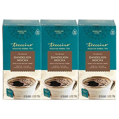 Teeccino Dandelion Mocha Tea - Caffeine-Free, Roasted Herbal Tea with Prebiotics, 3x More Herbs than Regular Tea Bags - Gluten-Free, Acid-Free Coffee Alternative - 25 Tea Bags (Pack of 3)