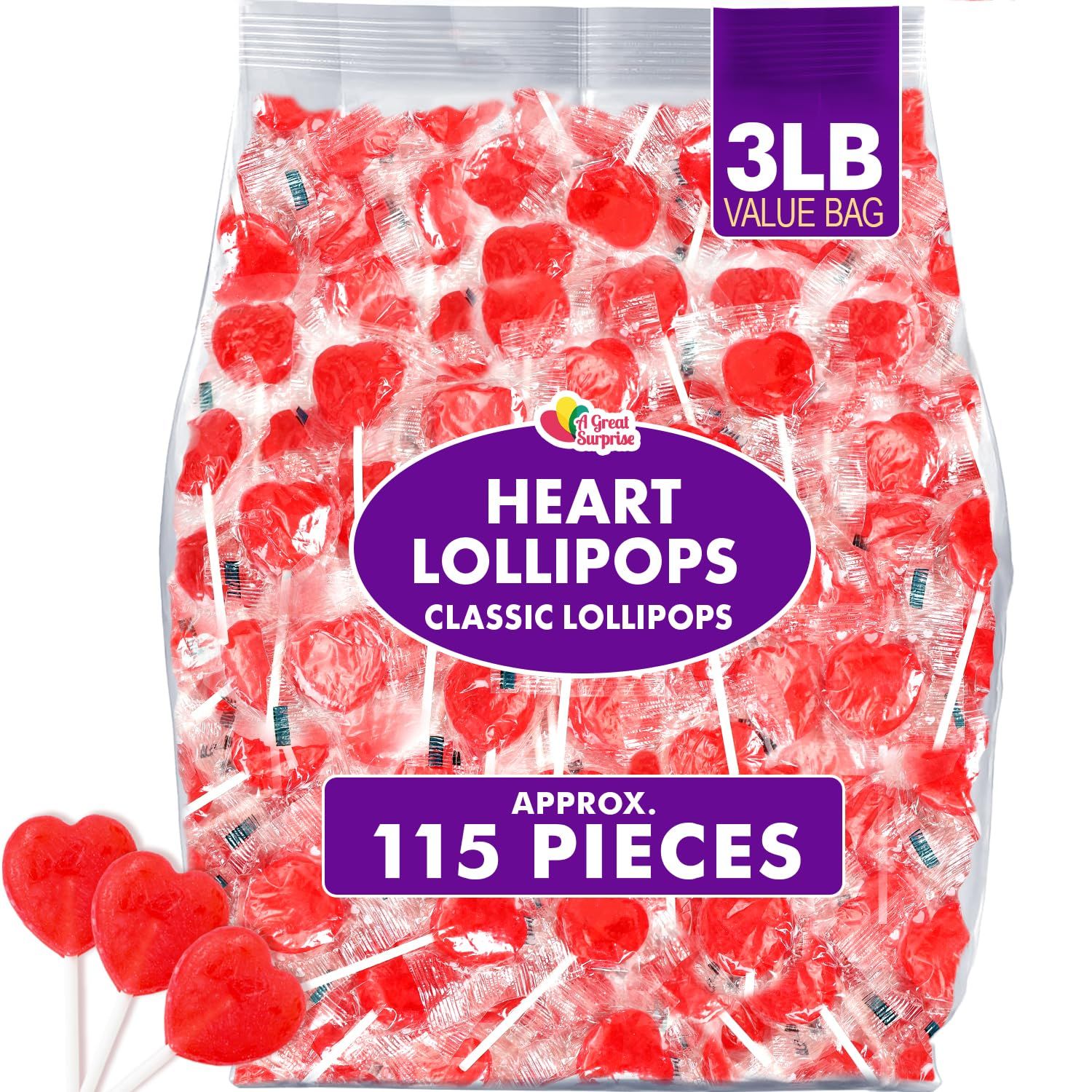 Red Heart Lollipops - 3 Pounds - Valentine&#39;s Heart Shaped Lollipops - Red Candies - Strawberry Flavored Bulk Red Lollipops Suckers - Individually Wrapped Bulk Red Candies for Candy Buffet