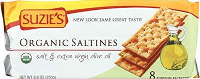 Suzie&#39;s, Organic Saltines Crackers, Salted w/ Extra Virgin Olive Oil, Healthy Gourmet Baked Snack Goodies for Adults &amp; Children - 3 Pack, 8.8oz Each