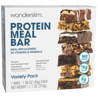WonderSlim Meal Replacement Protein Bar, Variety Pack, 15g Protein, 20 Vitamins &amp; Minerals (7ct)