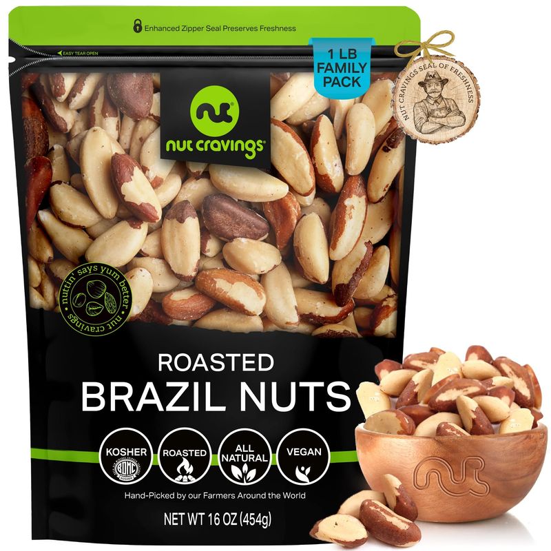 NUT CRAVINGS - Brazil Nuts Roasted &amp; Unsalted - No Shell, Whole (16oz - 1 LB) Bulk Nuts Packed Fresh in Resealable Bag - Healthy Protein Food Snack, All Natural, Keto Friendly, Vegan, Kosher