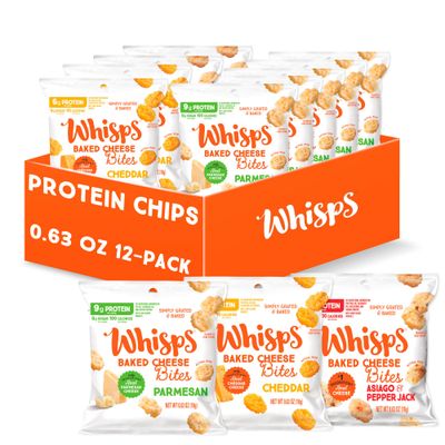 Whisps Cheese Crisps Variety Pack | Protein Chips | Healthy Snacks | Protein Snacks, Gluten Free, High Protein, Low Carb Keto Food | Parmesan, Cheddar Cheese, Asiago Pepper Jack (0.63Oz, 12 Pack)