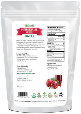 Z Natural Foods Pomegranate Powder - Organic Pomegranate Juice Powder, Pure & Natural Pomegranate Fruit Extract - Nutritious, Antioxidant Superfood for Smoothies, Tea, Yogurt & Culinary Use, 1 lb