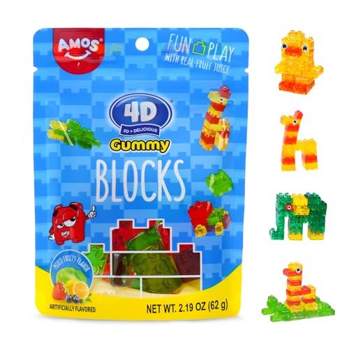 AMOS 4D Gummy Blocks Candy BricksNatural Mixed Fruit Flavors, Edible Building Blocks, Themed Novelty Candy for Kids Birthday Party, Cupcake Topper, Resealable 2.19oz Bag (Pack of 3)