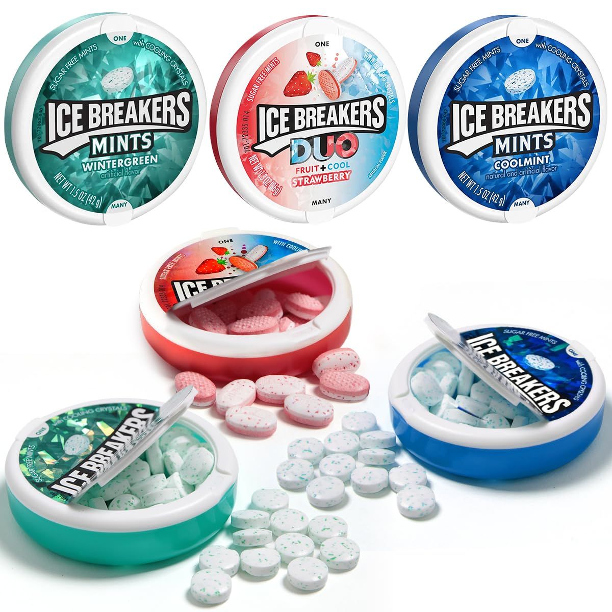Ice Breakers Hard Candy Variety Pack, Ultimate Sugar Free Mints, 6 Pack 2 of Each Flavor Includes wintergreen, coolmint, DUO strawberry, ice breakers mints Variety Pack for Fresh Breath
