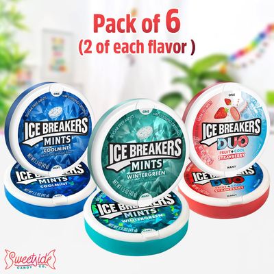 Ice Breakers Hard Candy Variety Pack, Ultimate Sugar Free Mints, 6 Pack 2 of Each Flavor Includes wintergreen, coolmint, DUO strawberry, ice breakers mints Variety Pack for Fresh Breath