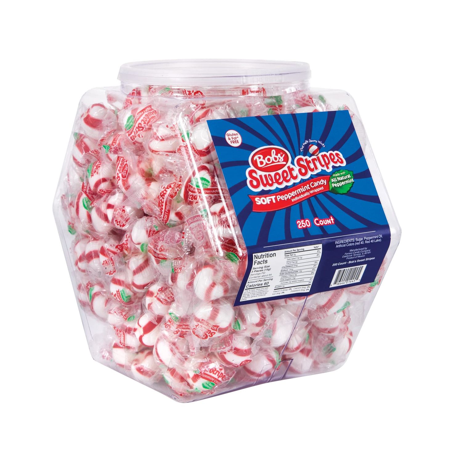 Bob&#39;s Sweet Stripes Bobs Sweet Stripes Soft Peppermint Candy - 250 Mints Individually Wrapped in Reusable Plastic Tub - Peppermint Candy White,Red