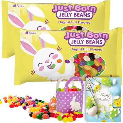 Easter Jelly Bean Candy by Just Born Assorted Fruit Flavor Orange Strawberry Grape Pineapple Lemon Licorice Spiced, Ideal for Decor, Egg Hunts, Baskets, &amp; Gifts + Card (Original 2 Bags)