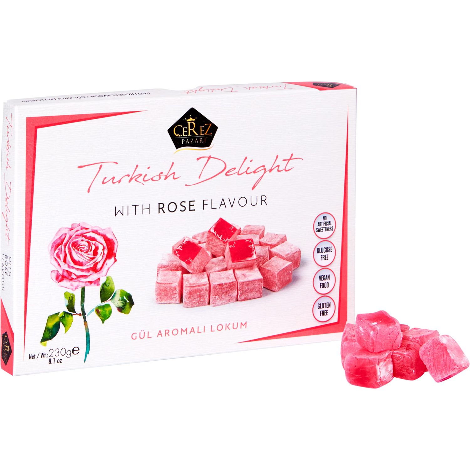 Cerez Pazari Turkish Delight with Rose Flavour 230gr Gourmet Small Size Snacks Gift Box | No Nuts Sweet Traditional Vegan Soft Candy Dessert Approx 40 Pcs