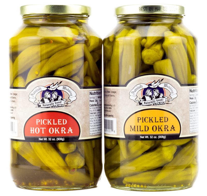 Amish Wedding Hot and Mild Pickled Okra Variety Pack 32 Ounces (Pack of 2)